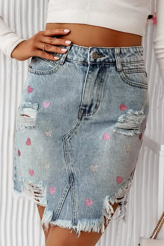 Zephariel Distressed Raw Hem Heart Mini Denim Skirt