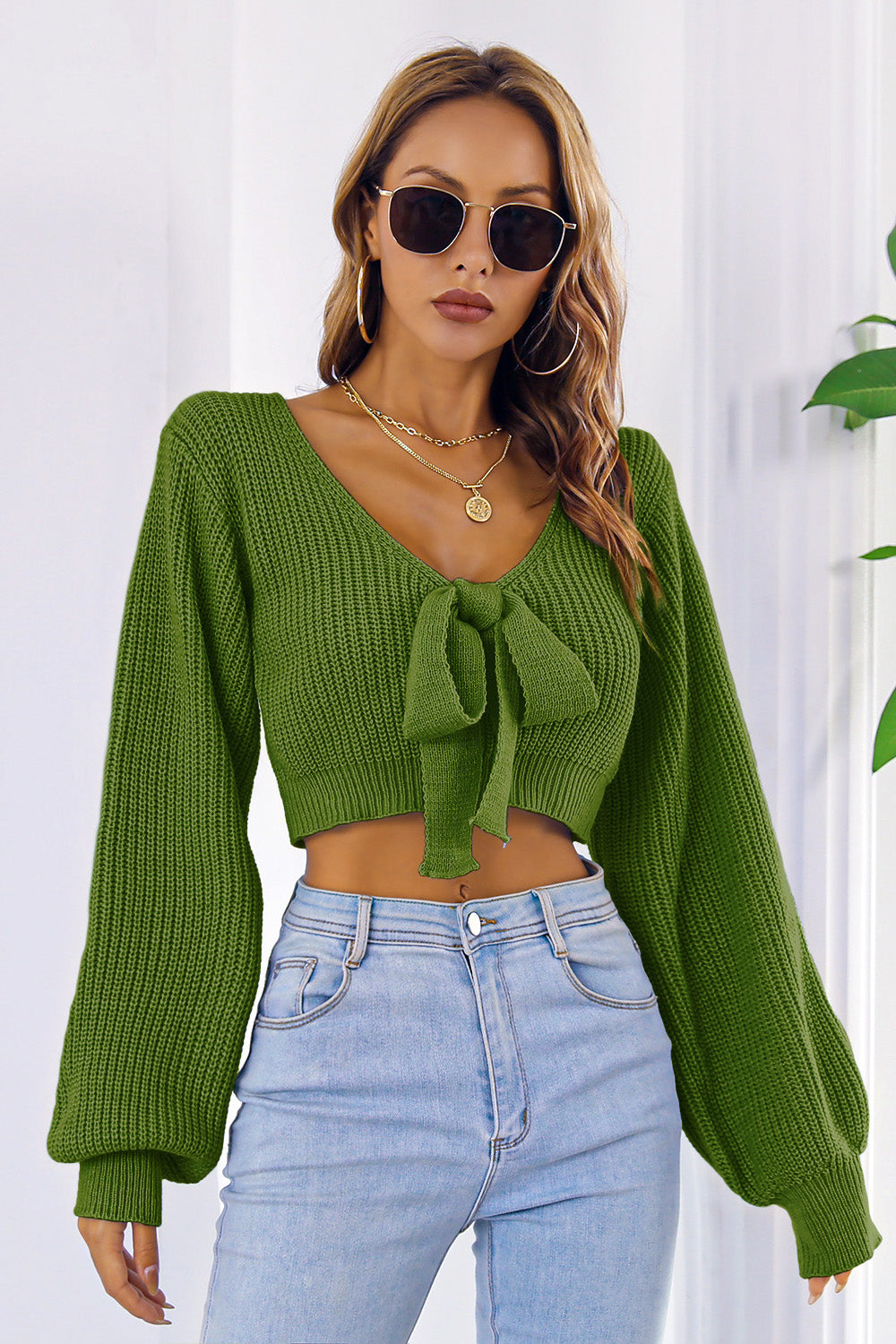 Zephariel Bow V-Neck Long Sleeve Cropped Sweater