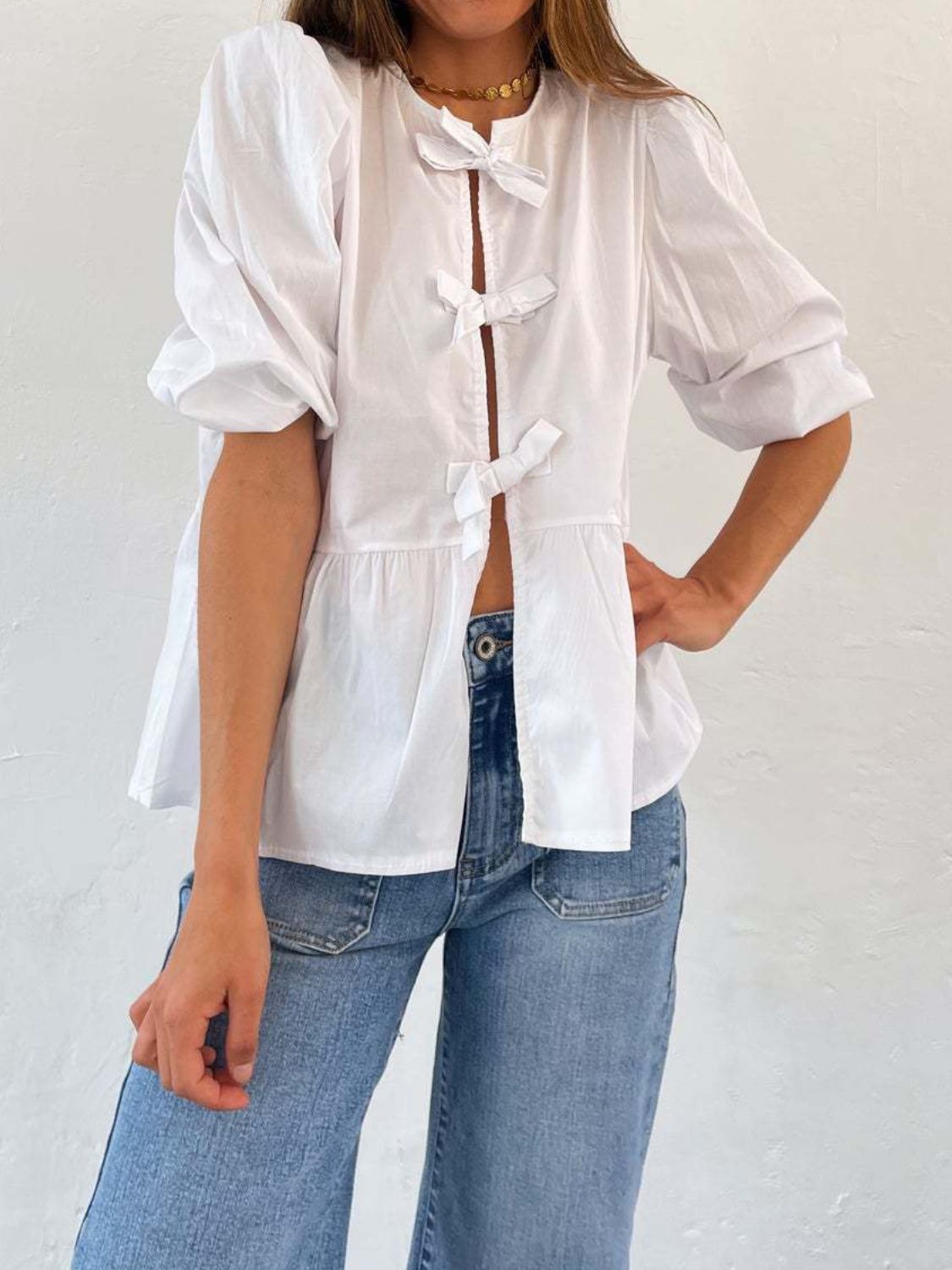 Zephariel Tied Round Neck Balloon Sleeve Shirt