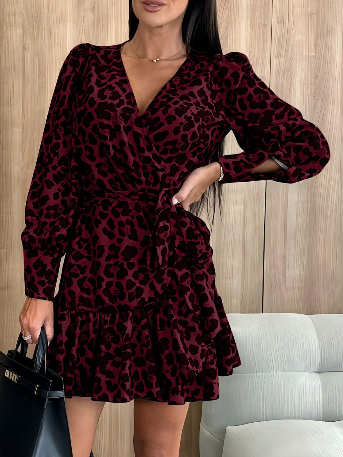 Zephariel Tied Leopard Surplice Long Sleeve Dress