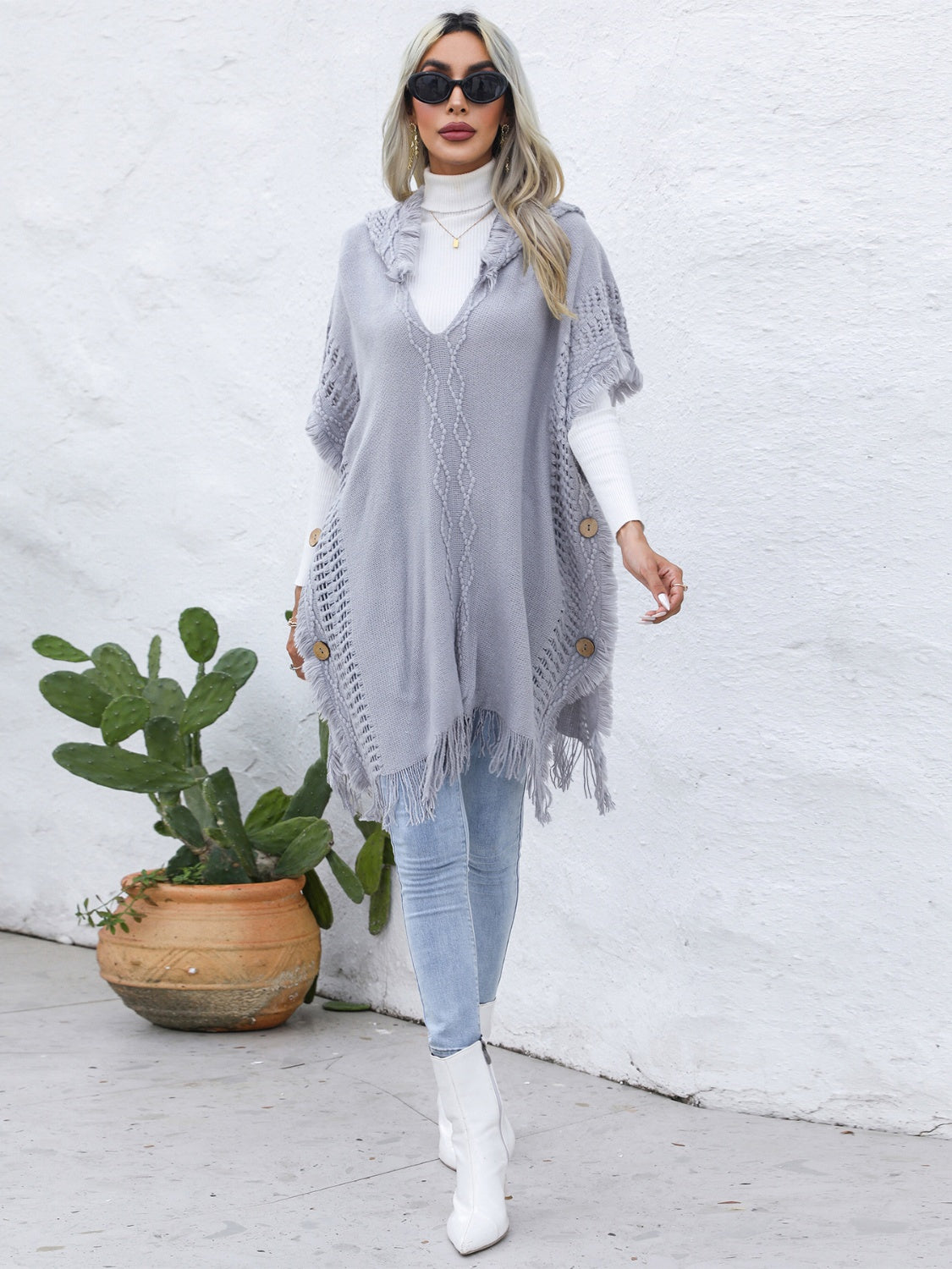 Zephariel Fringe Trim Buttoned Hooded Poncho