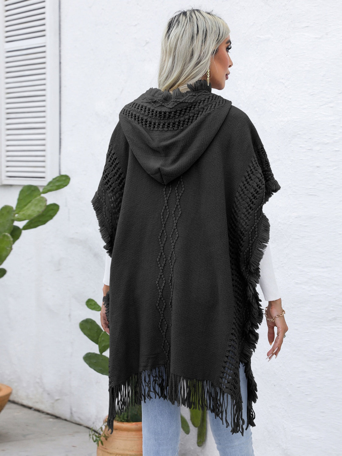 Zephariel Fringe Trim Buttoned Hooded Poncho