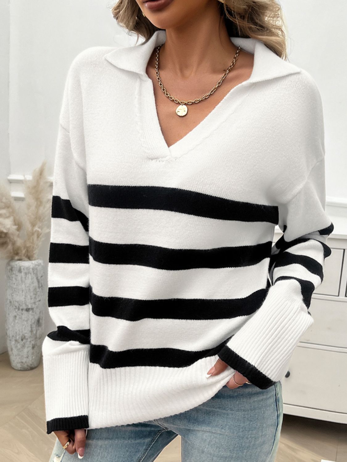 Zephariel Striped Collared Neck Long Sleeve Sweater