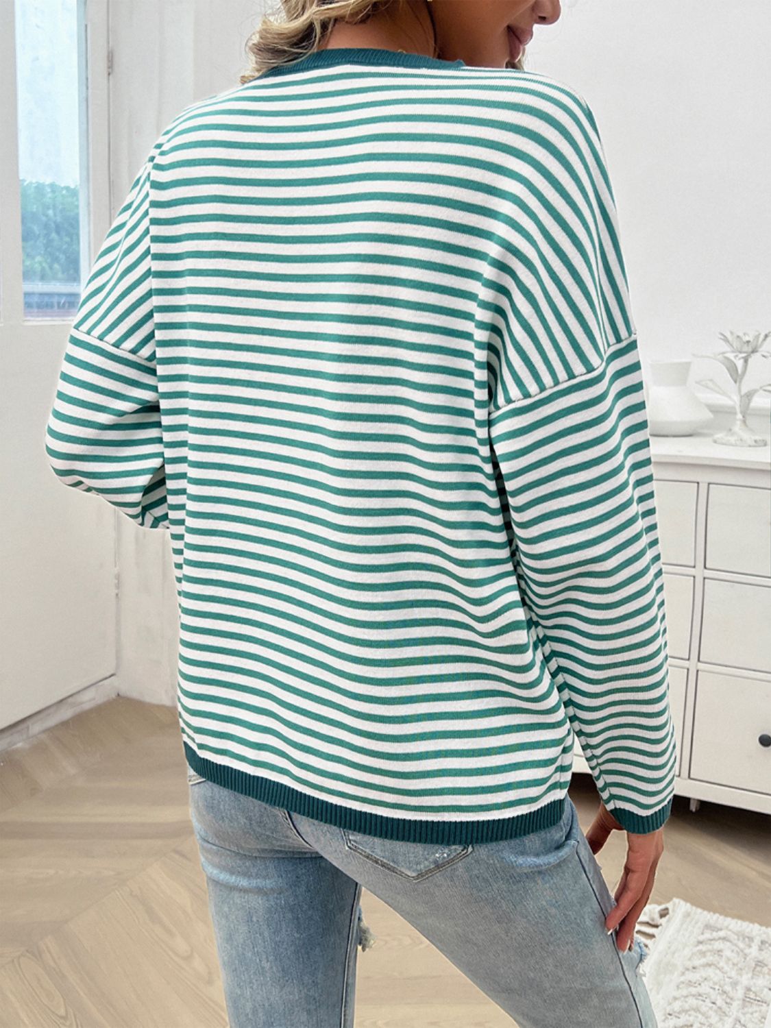 Zephariel Striped Round Neck Dropped Shoulder Sweater