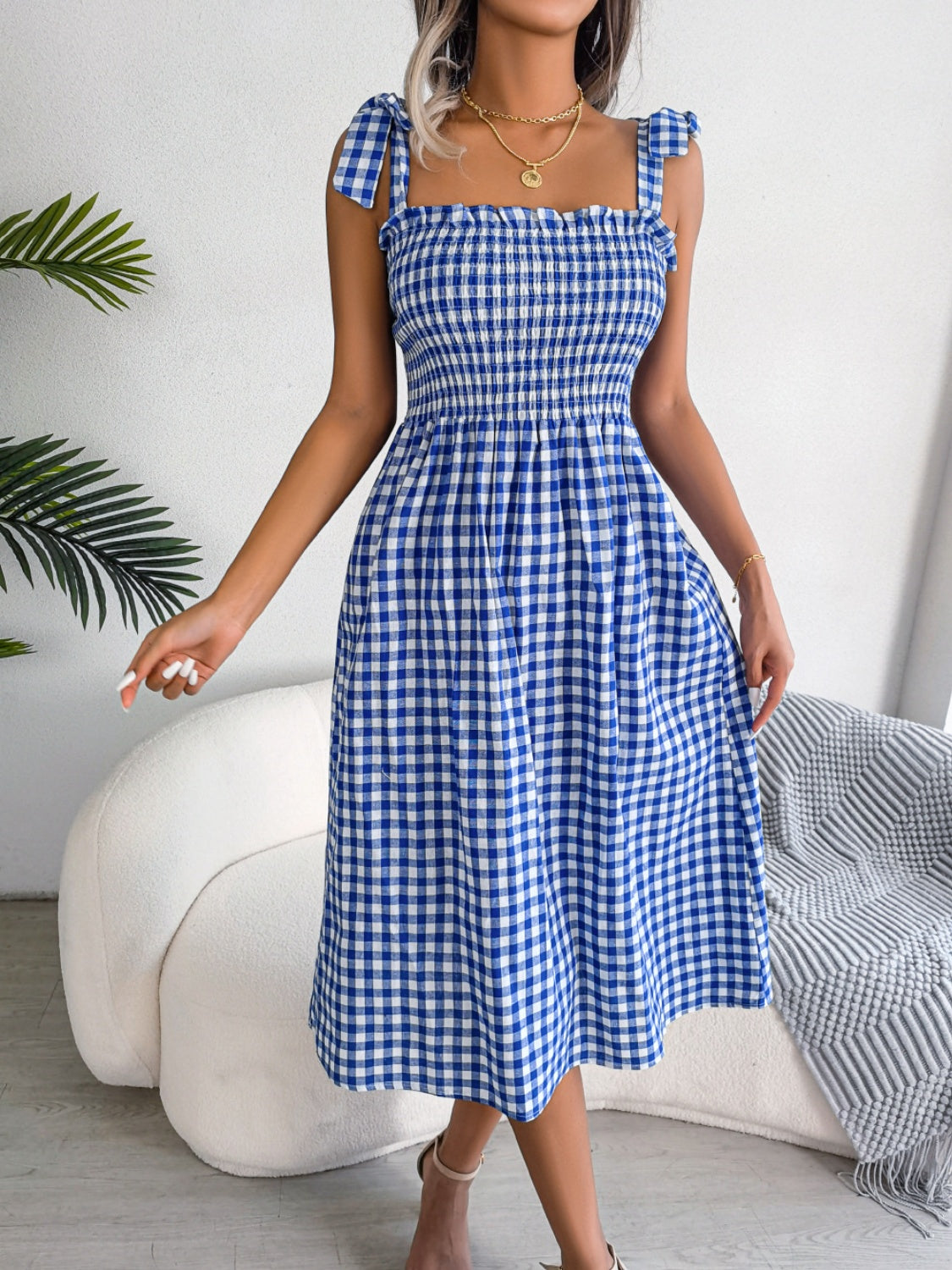 Zephariel Frill Plaid Square Neck Midi Dress