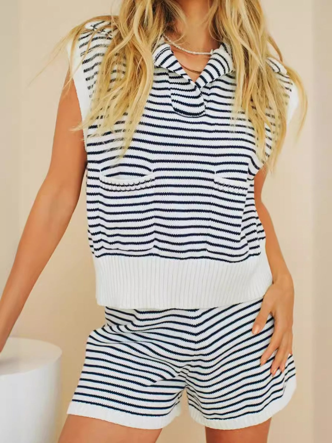 Zephariel Striped Cap Sleeve Top and Shorts Sweater Set