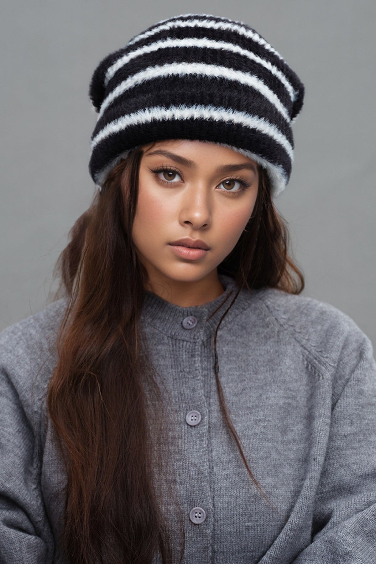 Zephariel Fuzzy Contrast Striped Thermal Hat