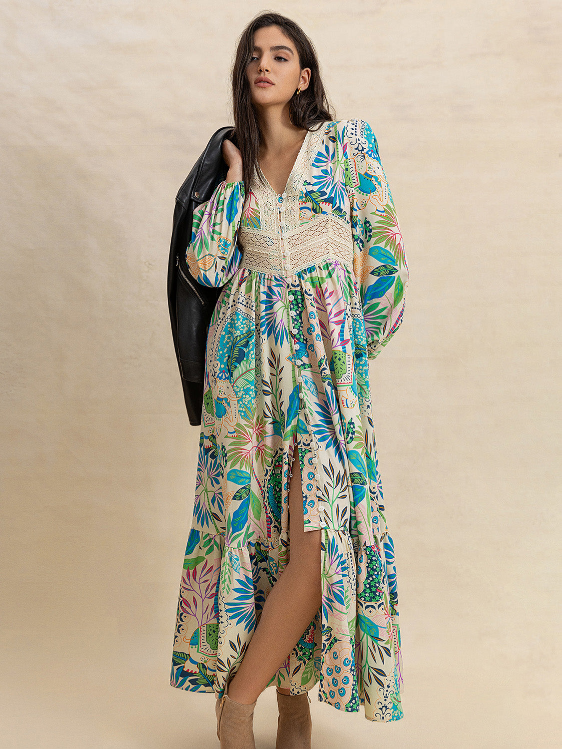 Zephariel Slit Printed V-Neck Long Sleeve Midi Dress