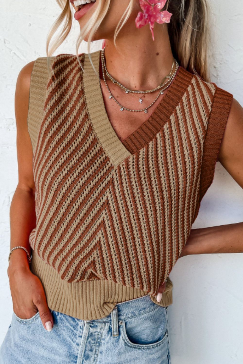 Zephariel Striped Contrast V-Neck Sweater Vest