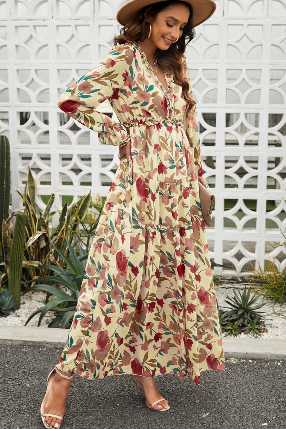 Zephariel Floral Frill Trim Flounce Sleeve Plunge Maxi Dress