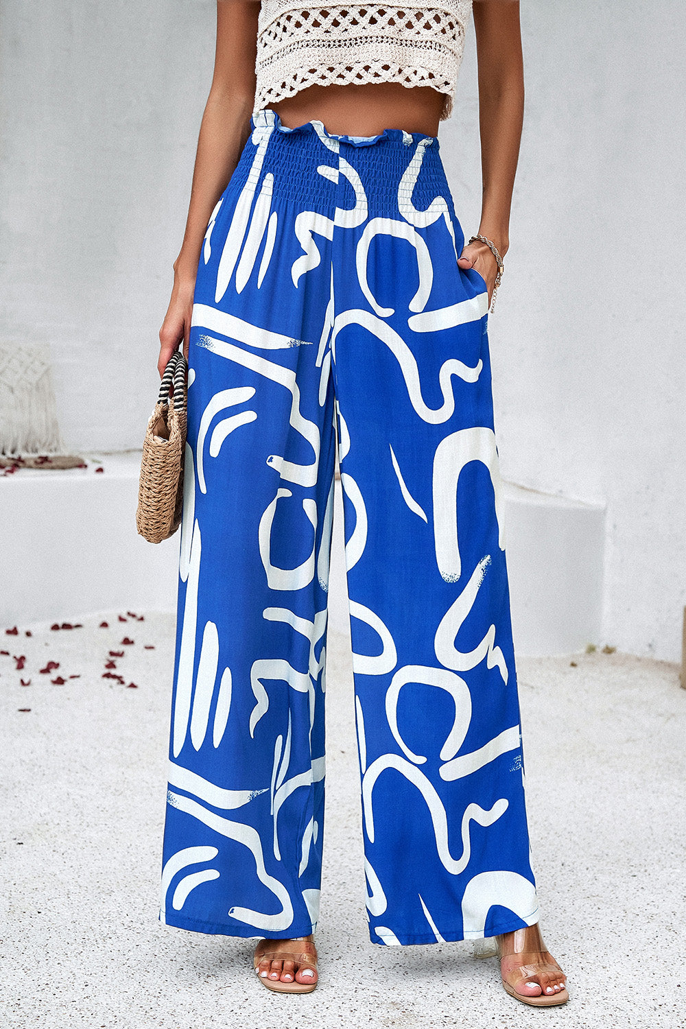 Zephariel Smocked Printed Wide Leg Pants with Pockets