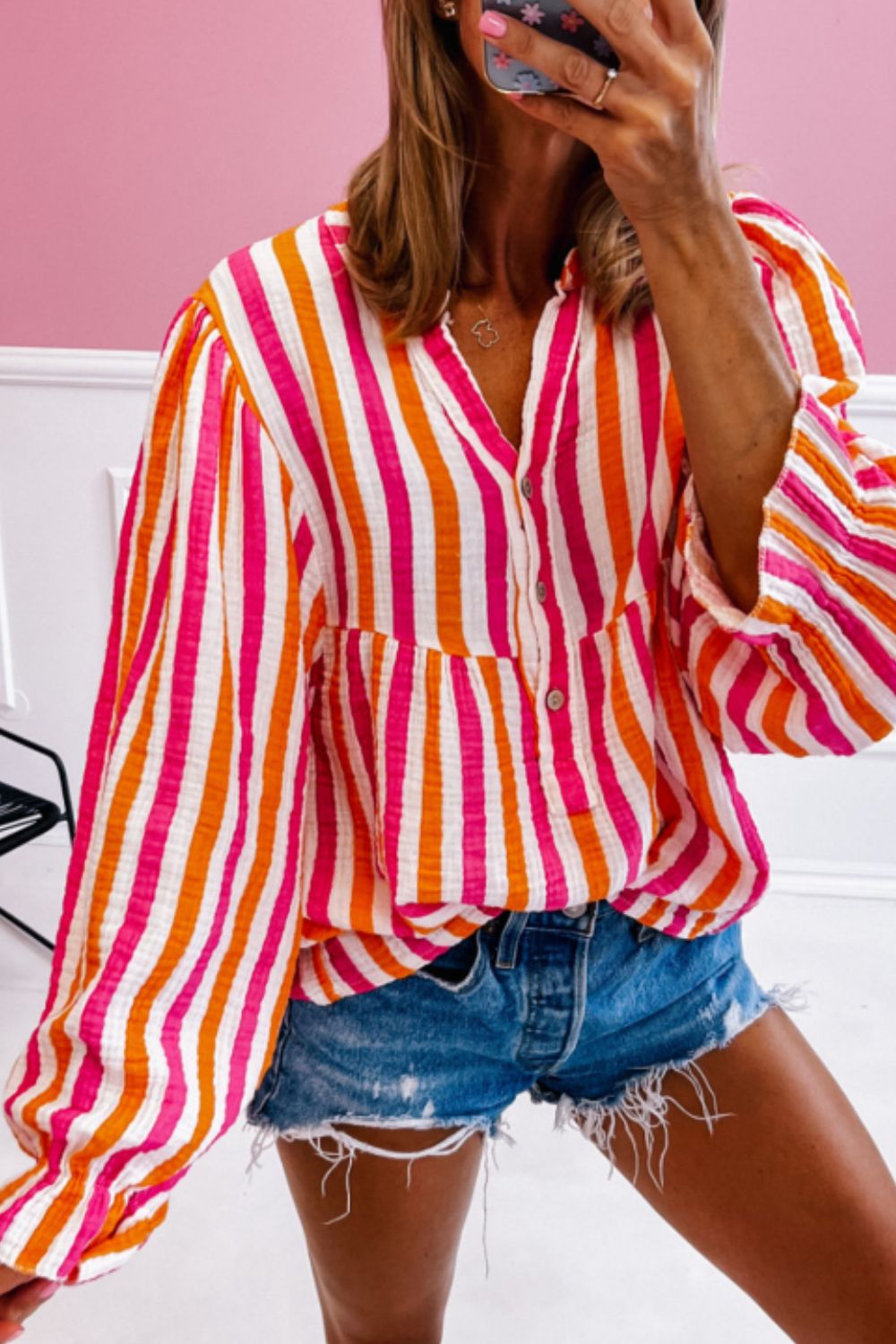 Zephariel Striped Notched Flounce Sleeve Blouse