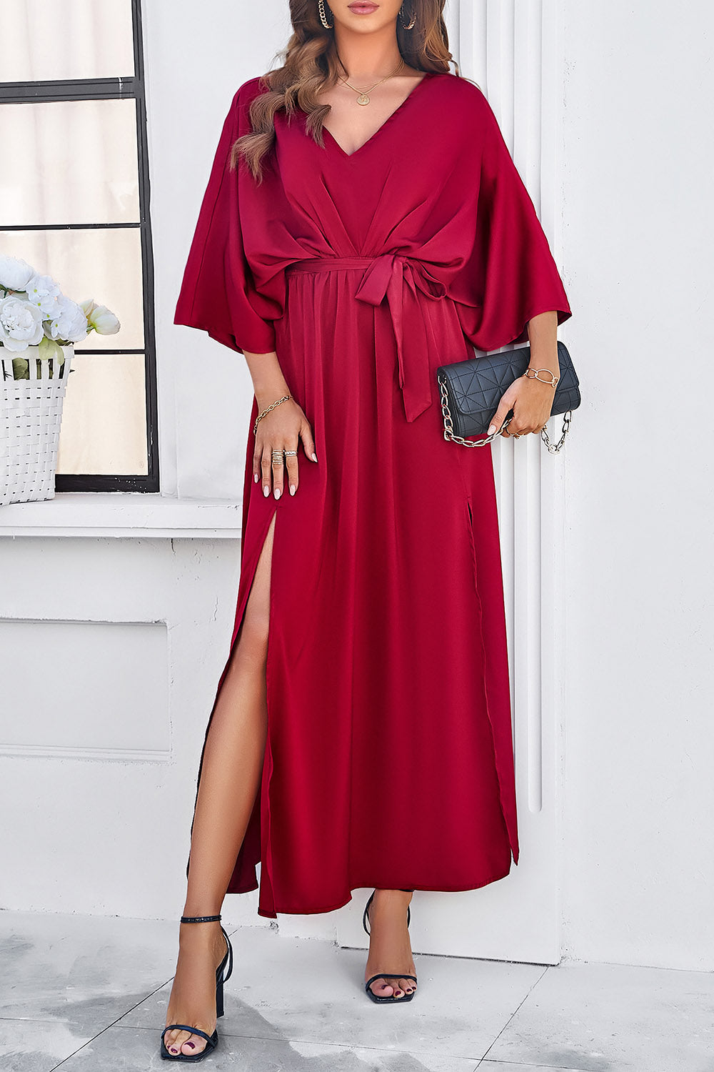 Zephariel Slit Tied V-Neck Three-Quarter Sleeve Dress